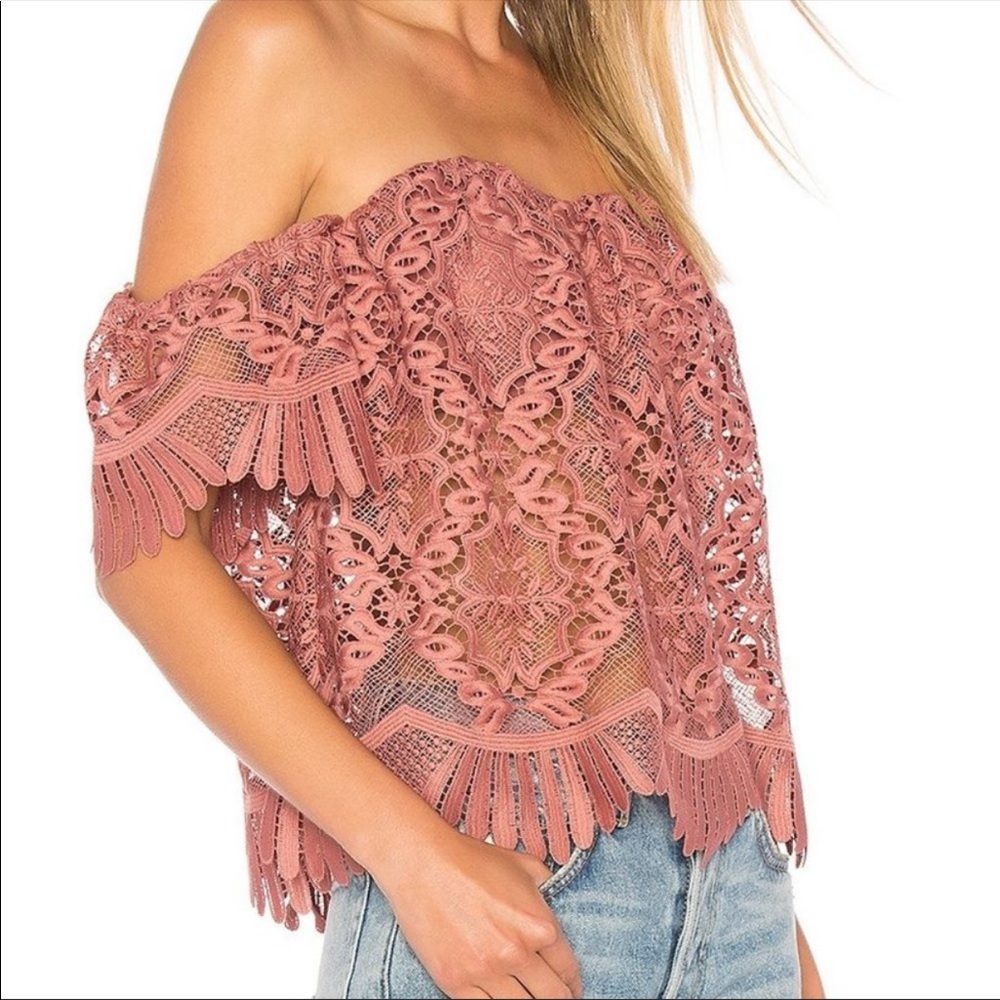 Lovers + Friends Life’s A Beach Mauve Lace Top Eyelet off the shoulder